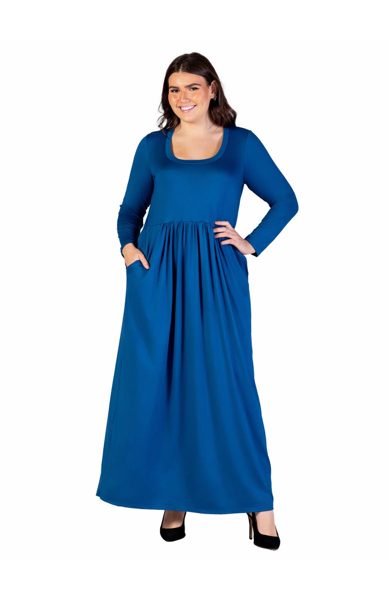 24seven Comfort Apparel Long Sleeve Empire Waist Pocket Maxi Dress, Main, color, Teal