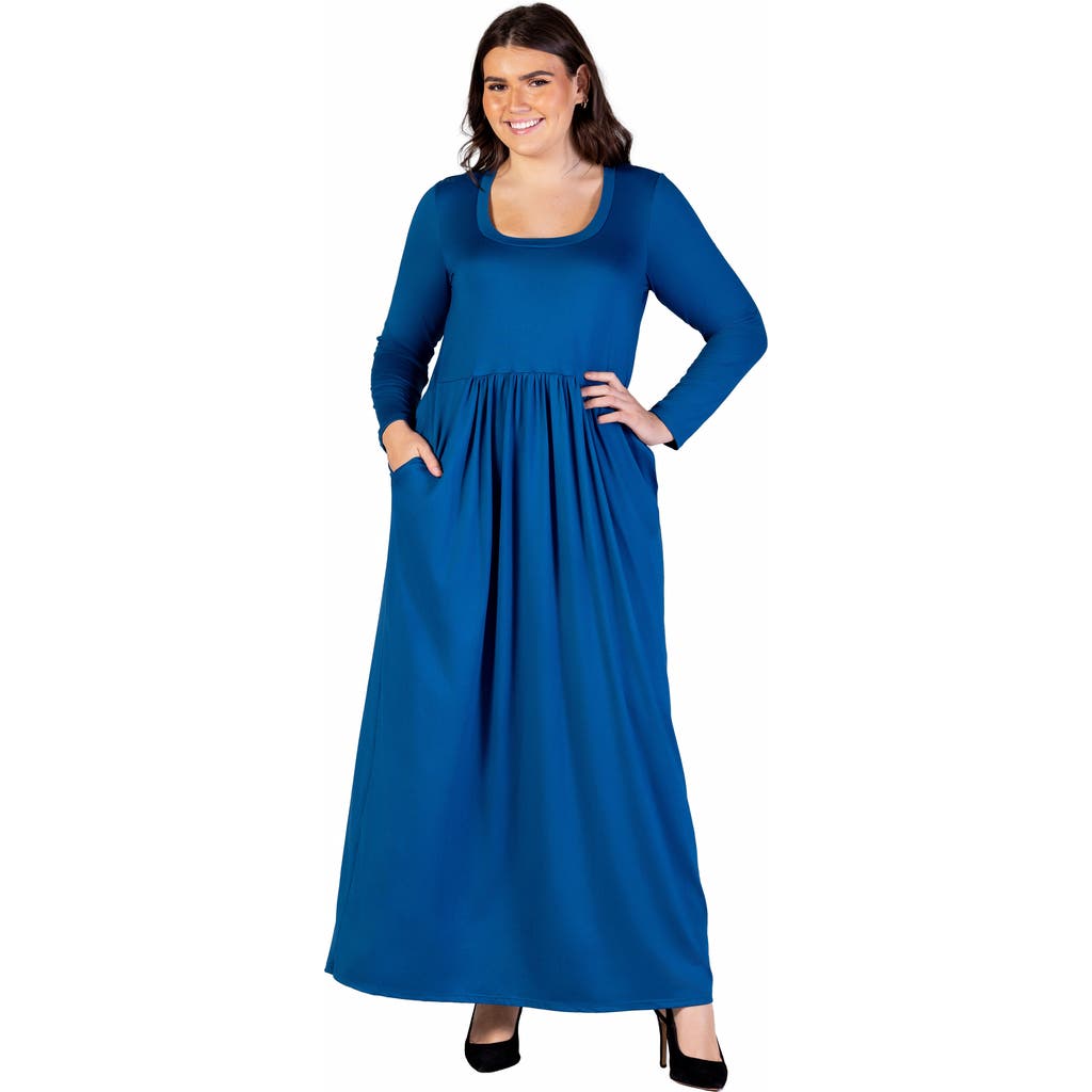 24seven Comfort Apparel Long Sleeve Empire Waist Pocket Maxi Dress In Blue