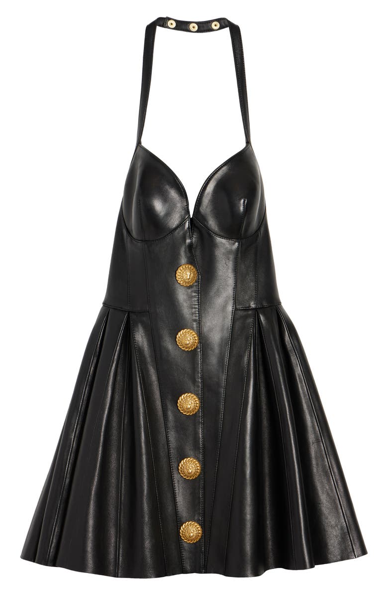 Balmain Halter Neck Leather Skater Dress, Alternate, color, 