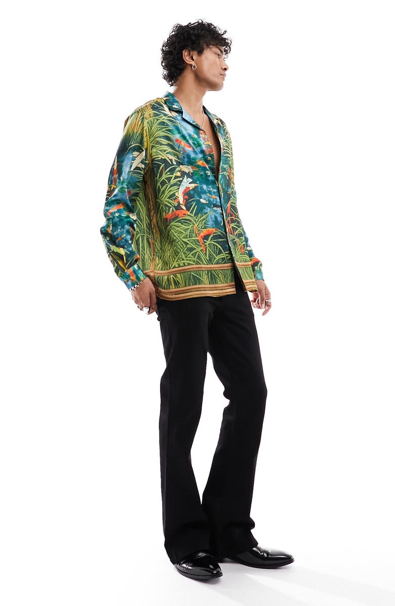ASOS DESIGN Tropical Print Satin Button-Up Shirt, Alternate, color,