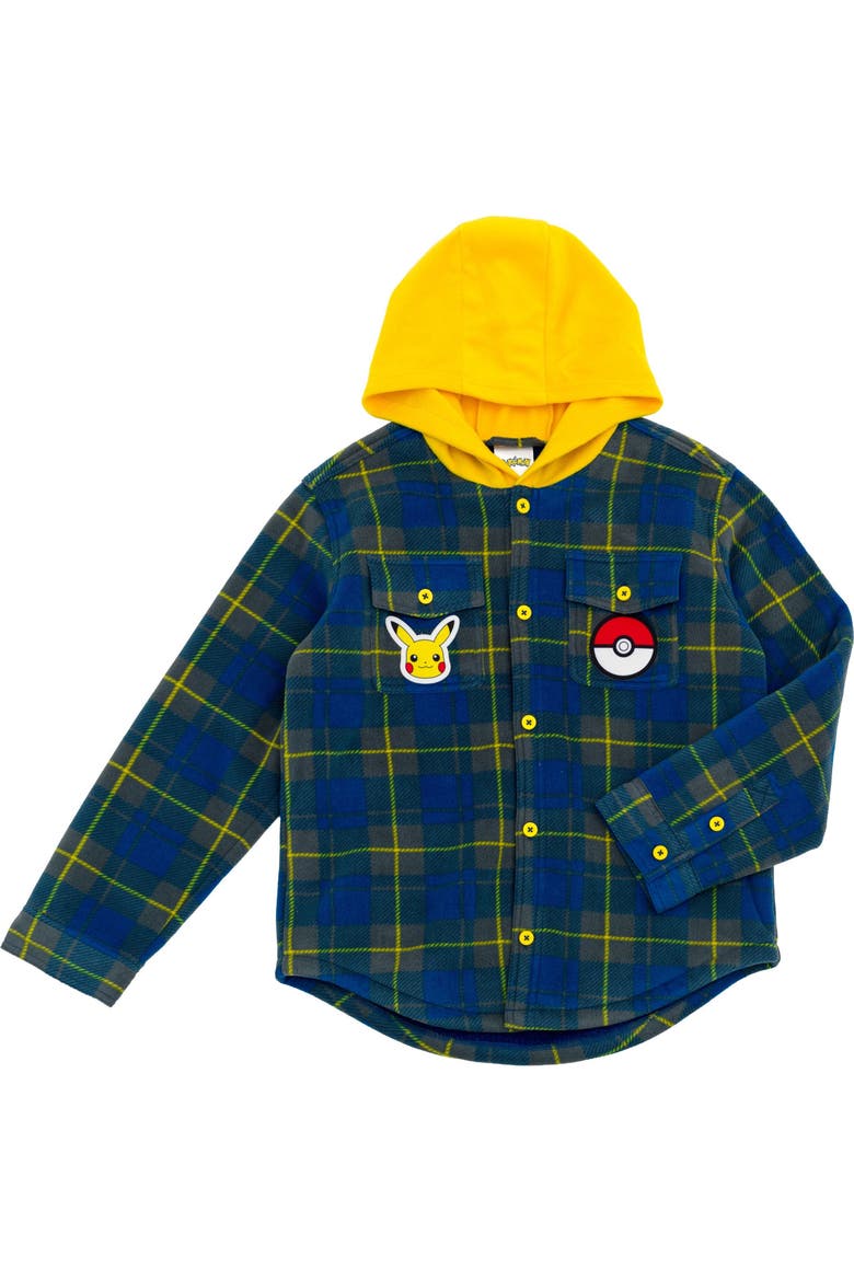 Pikachu Hooded Fleece Shacket, Main, color, Navy Yellow Pikachu
