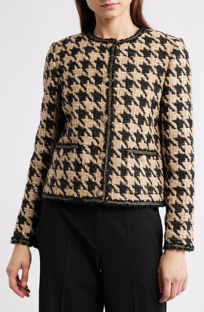 Elie Tahari The Juno Metallic Houndstooth Jacket, Alternate, color, Brown Houndstooth