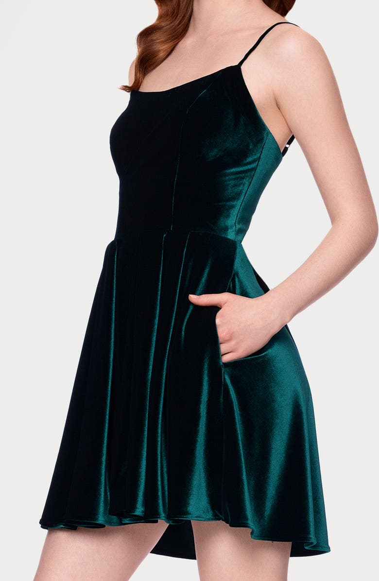 Blondie Nites Tie Back Velvet Minidress, Alternate, color, Hunter