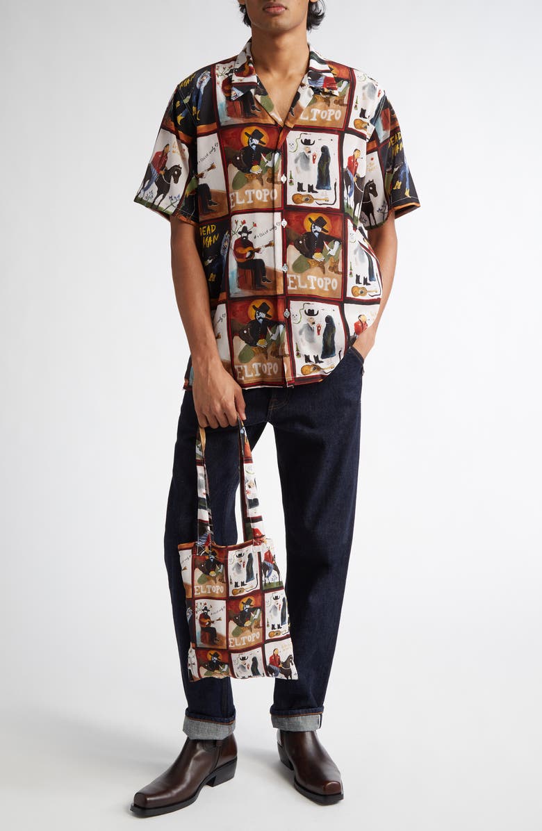 ENDLESS JOY Dead Man Print Silk Crepe Button-Up Shirt, Alternate, color, 