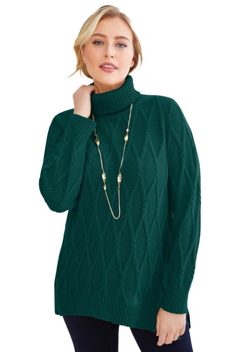 Whole Pattern Turtleneck – Green Womens Turtleneck Sweater Long Sleeve Ribbed Knit