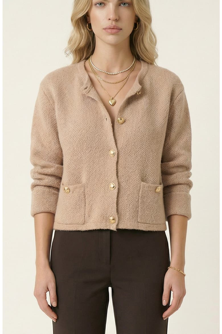 Textured Knit Gold Button-Front Patch-Pocket Cardigan, Main, color, Beige