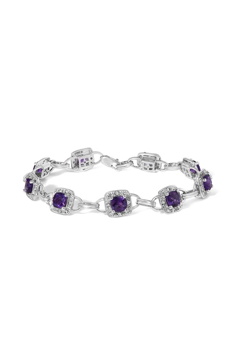Haus of Brilliance 10K White Gold Cushion Cut Purple Amethyst and Diamond Halo Link Bracelet, Main, color, White