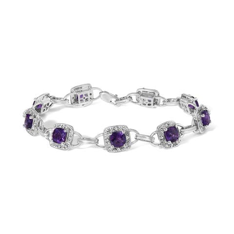 10K White Gold Cushion Cut Purple Amethyst and Diamond Halo Link Bracelet