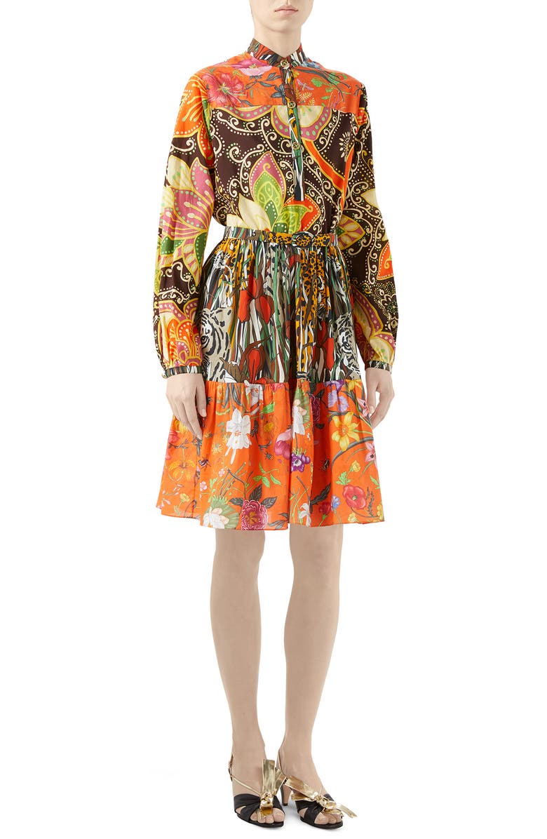 Gucci Mussola Patchwork Print Long Sleeve Cotton Dress, Main, color, 