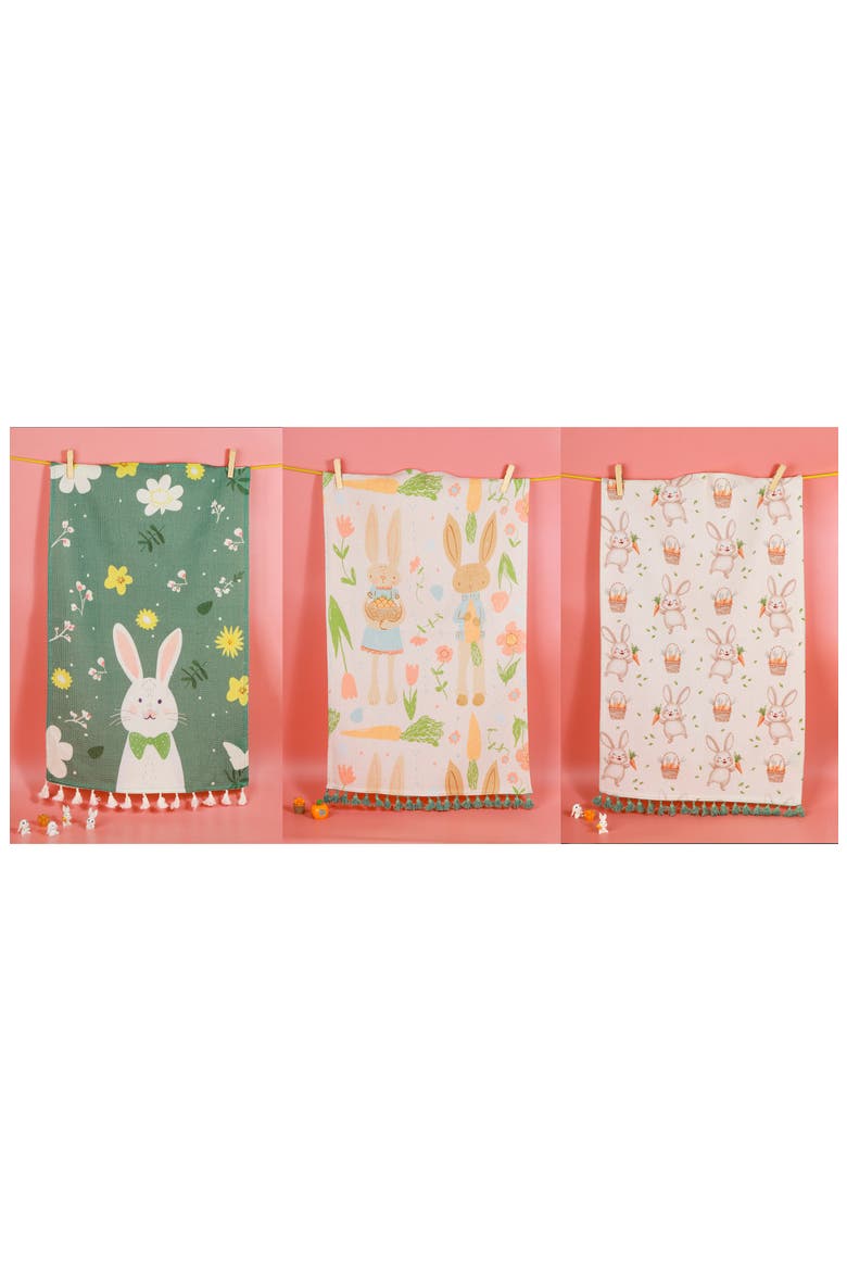Spring Garden Bunny Set of 3 Cotton Kitchen Towels, Alternate, color, GREEN