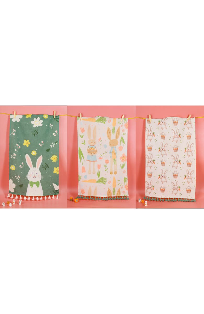 Tiramisu Spring Garden Bunny Set of 3 Cotton Kitchen Towels, Alternate, color, Green