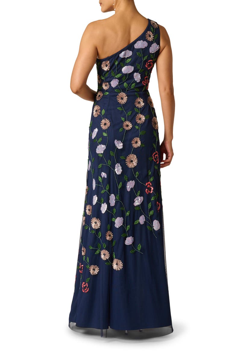 Beaded One-Shoulder Mesh Gown, Alternate, color, NAVY MULTI