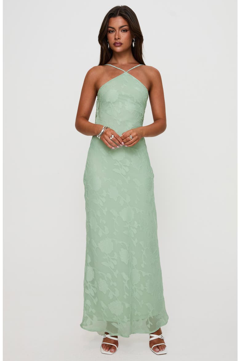 Zoelle Floral Jacquard Strappy Back Gown, Alternate, color, SAGE