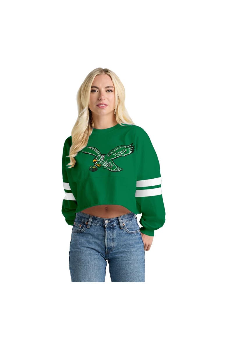 SPIRIT JERSEY Women's Spirit Jersey Kelly Green Philadelphia Eagles Oversized Cropped Stripe Long Sleeve T-Shirt, Main, color, Kelly Green