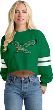 SPIRIT JERSEY Women's Spirit Jersey Kelly Green Philadelphia Eagles Oversized Cropped Stripe Long Sleeve T-Shirt