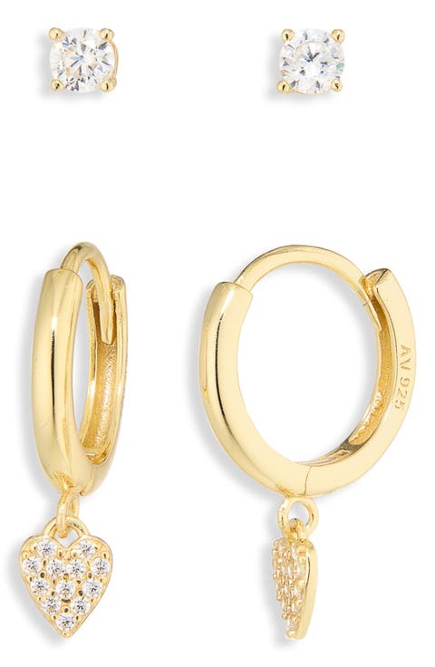 Cubic Zirconia Solitaire Stud & Huggie Hoop Earrings Set