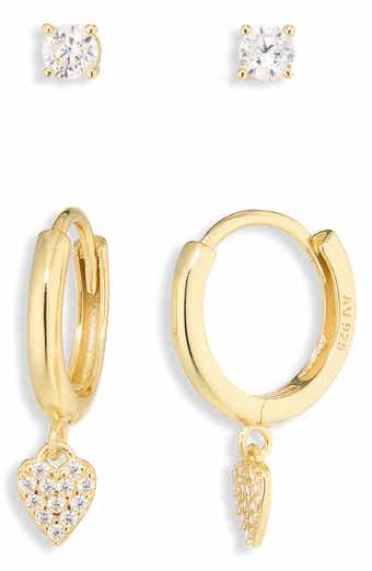 Cubic Zirconia Solitaire Stud & Huggie Hoop Earrings Set