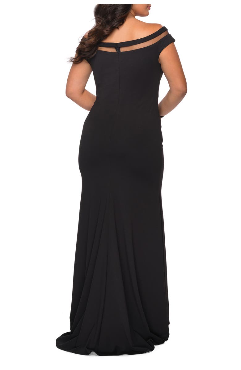 La Femme Off The Shoulder Plus Size Gown with Sheer Neckline Detail, Alternate, color, Black