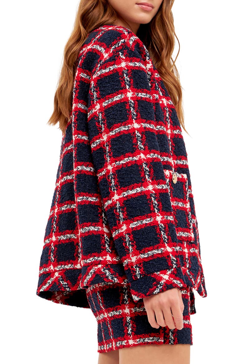 Plaid Bouclé Tweed Jacket, Alternate, color, NAVY