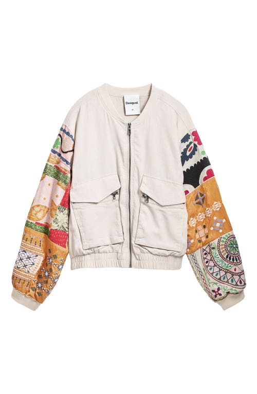 Desigual Patchwork-sleeve Bomber Jacket In Beige
