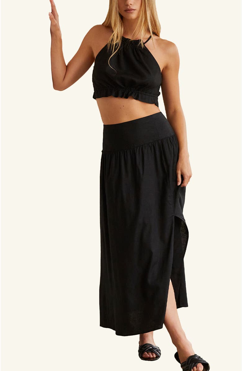 CRESCENT Linen Blend Halter Top & Maxi Skirt Set, Main, color, Black