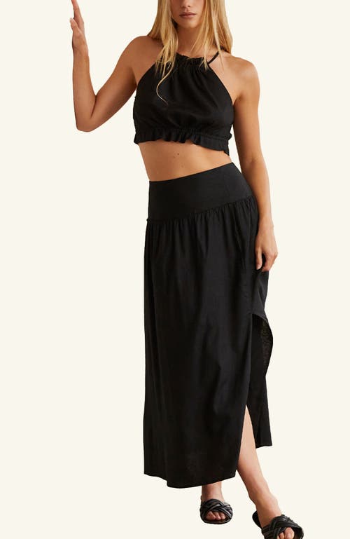 Crescent Linen Blend Halter Top & Maxi Skirt Set In Black