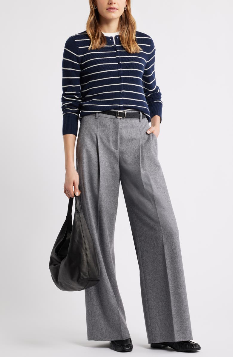 Caslon<sup>®</sup> Crewneck Merino Wool Blend Cardigan, Alternate, color, Navy- Ivory Lucille Stripe