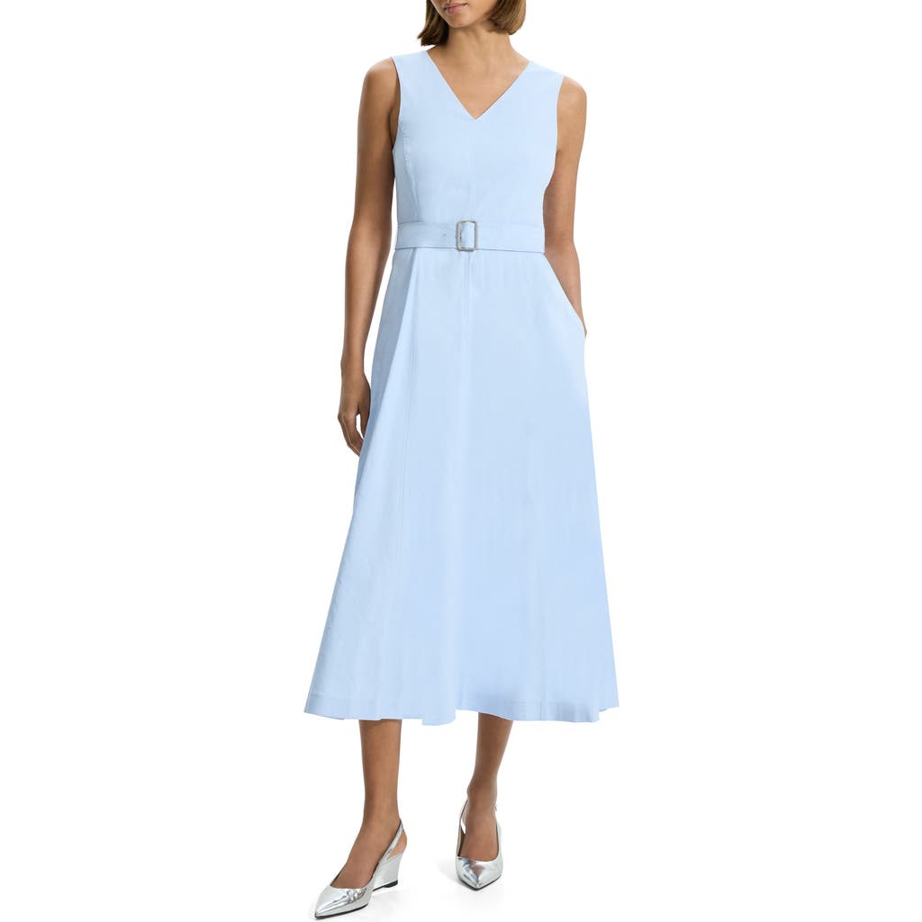 Theory V-neck Sleeveless Belted Midi Dress In Skylight