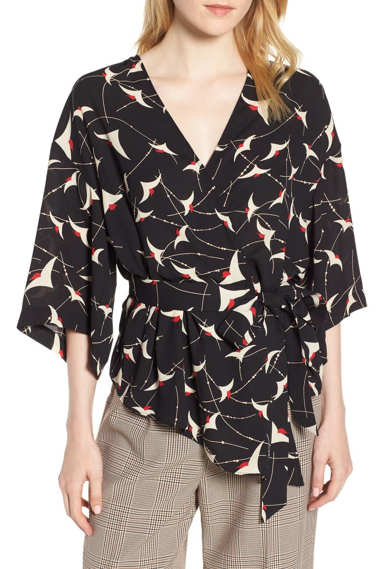 Wrap Blouse, Main, color, BLACK SUMMER BIRD