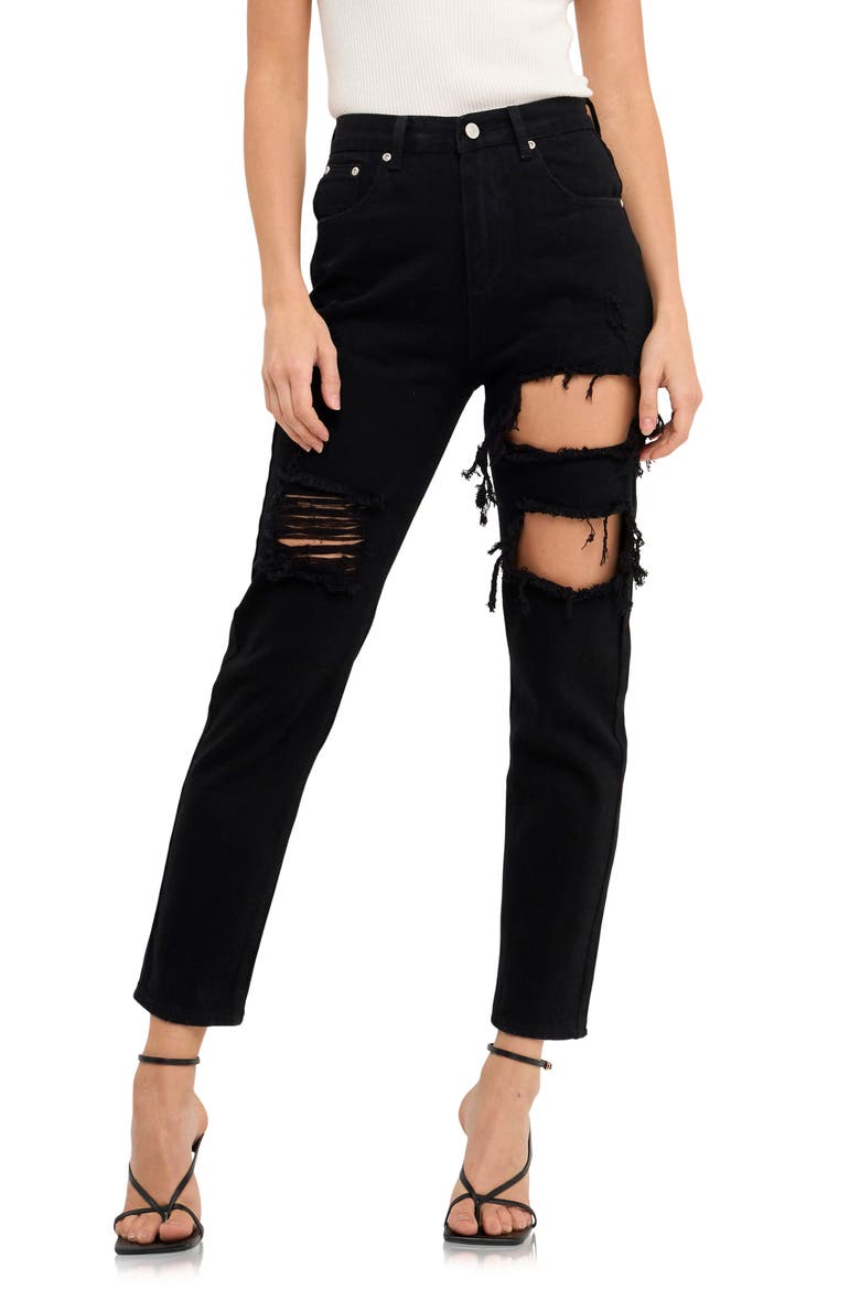 Cutout Ripped High Waist Slim Straight Leg Jeans, Main, color, BLACK
