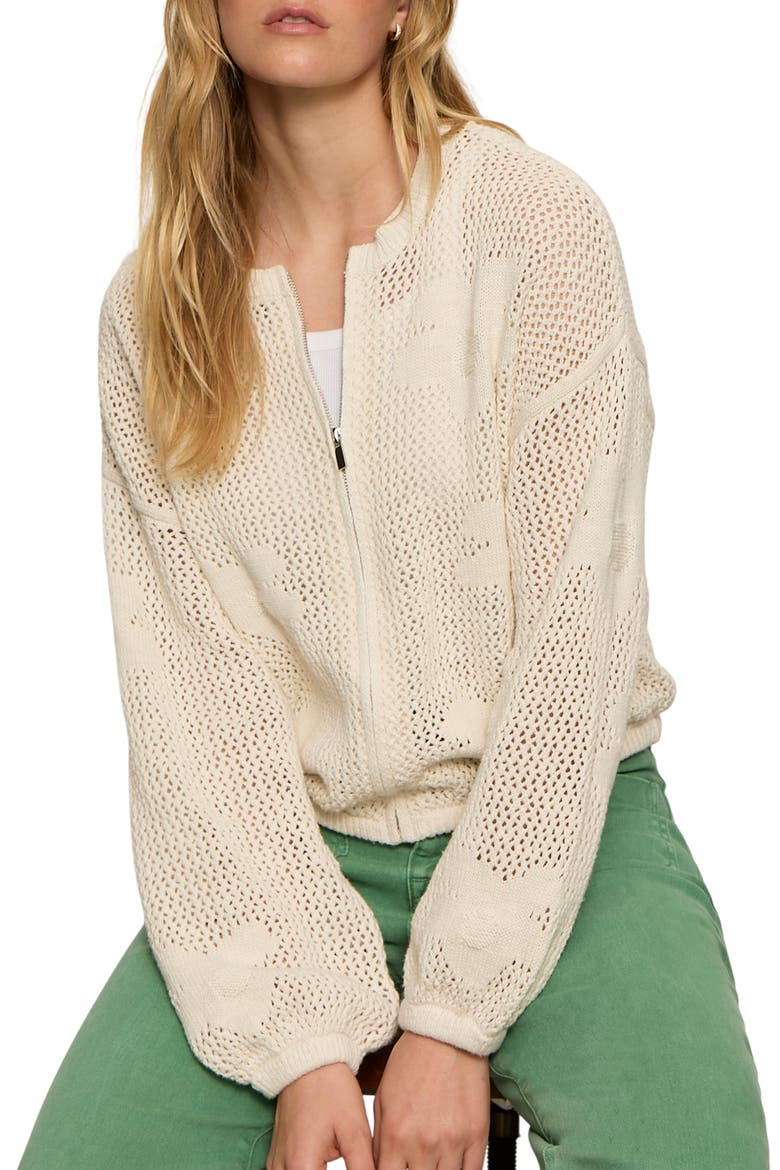 Daily Escape Flower Knit Front Zip Sweater, Alternate, color, COLLAGEN WHITE