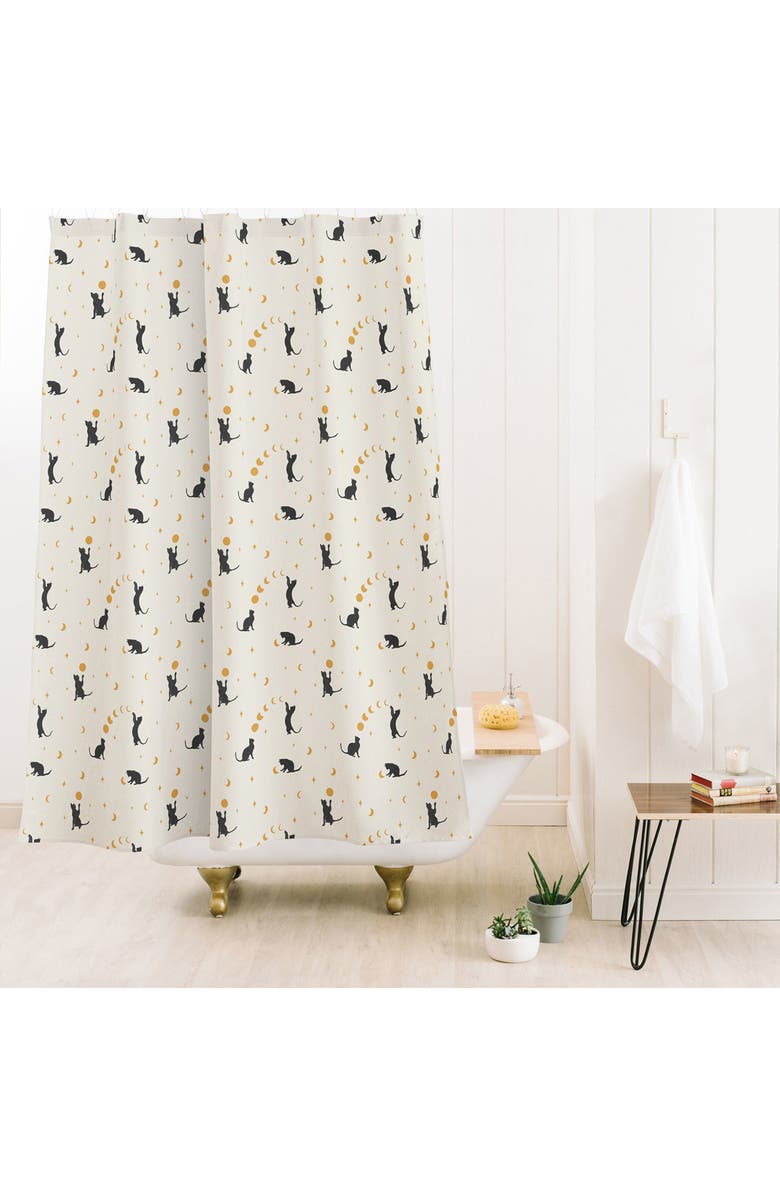 Deny Designs Cat and Moon Shower Curtain, Alternate, color, Cream