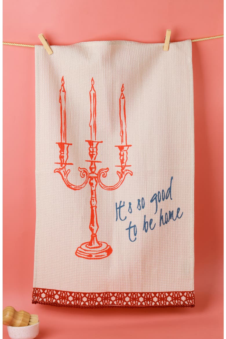 Set of Three Vintage Celebration Kitchen Towels, Alternate, color, CREAM/ CORAL RED/ DUSTY ROSE