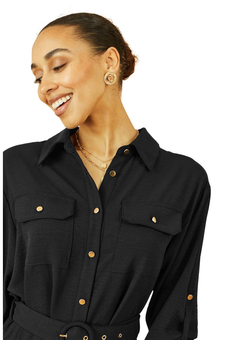 3/4 Sleeve Belted Midi Shirt Dress, Alternate, color, Black