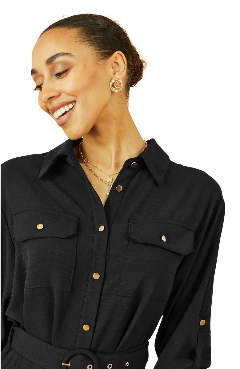 Yumi 3/4 Sleeve Belted Midi Shirt Dress, Alternate, color, Black