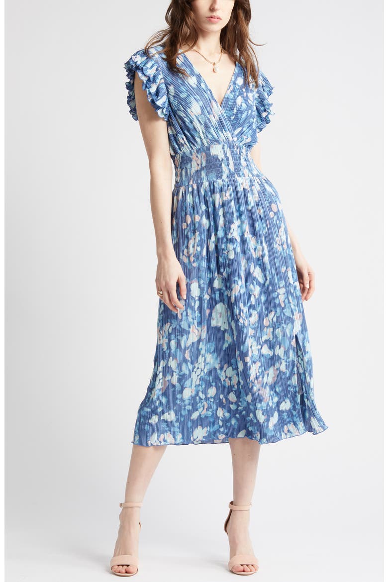 Flutter Sleeve Plissé Midi Dress, Alternate, color, BLUE FADE FLORAL