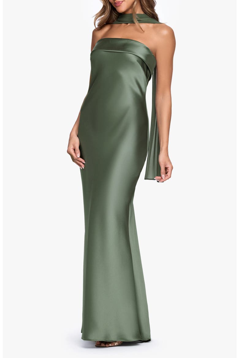 Strapless Satin Gown & Chiffon Scarf, Alternate, color, OLIVE