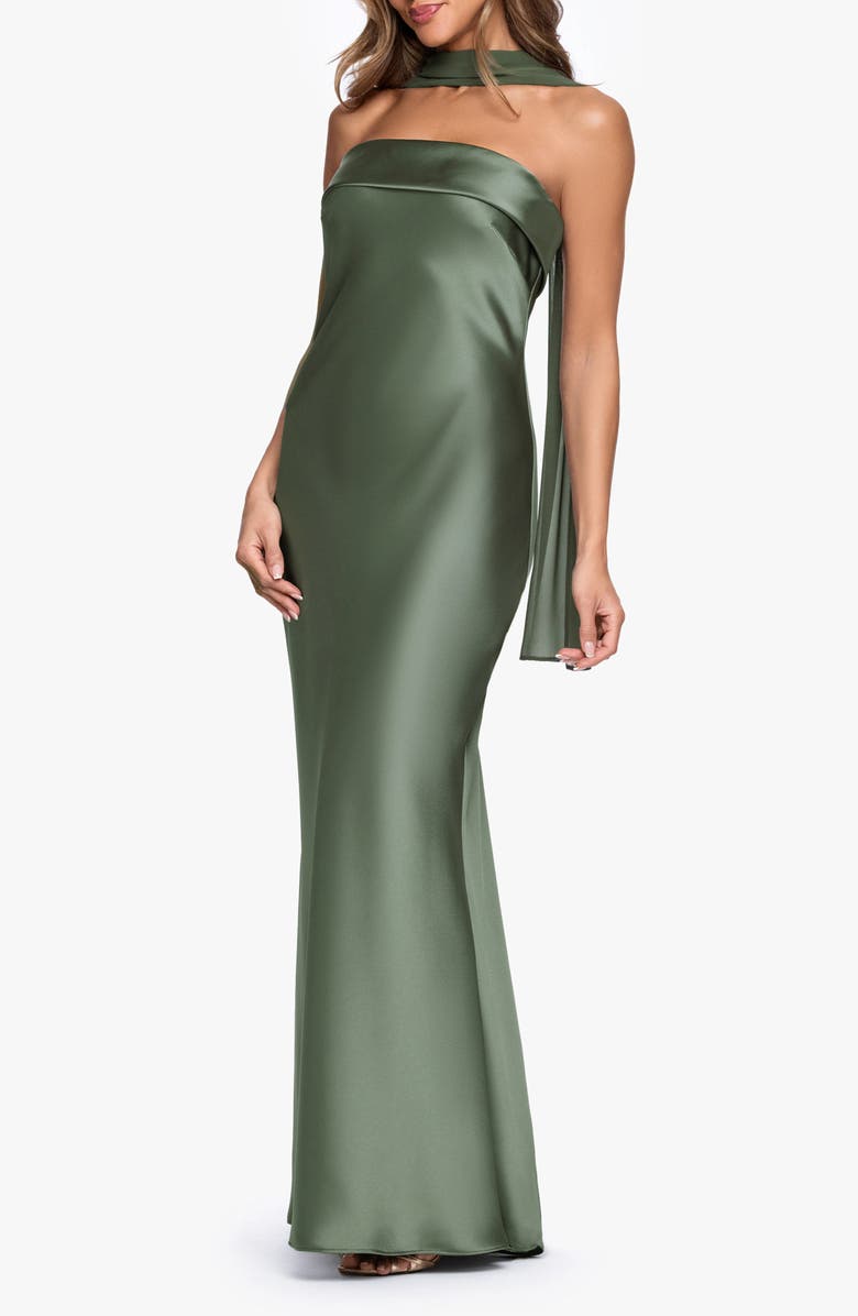 Xscape Evenings Strapless Satin Gown & Chiffon Scarf, Alternate, color, Olive