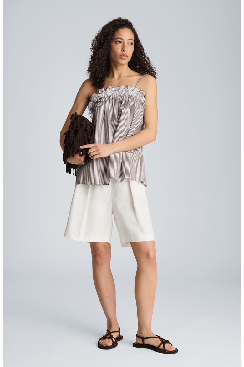 Shirred Lace Trim Cotton Camisole, Alternate, color, BRUNETTE / PURE WHITE