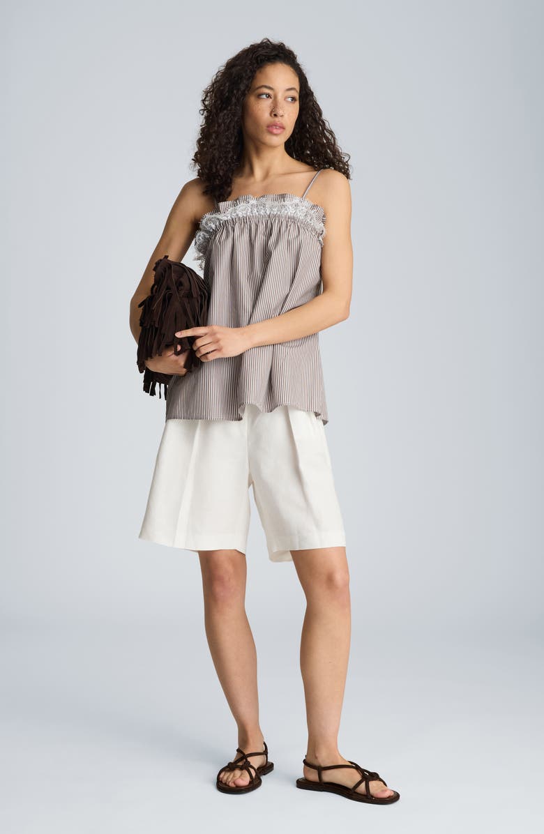 Kenneth Cole Shirred Lace Trim Cotton Camisole, Alternate, color, Brunette / Pure White