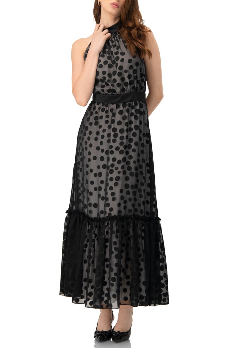 Halter Neck Polka Dot Maxi Dress, Alternate, color, Black