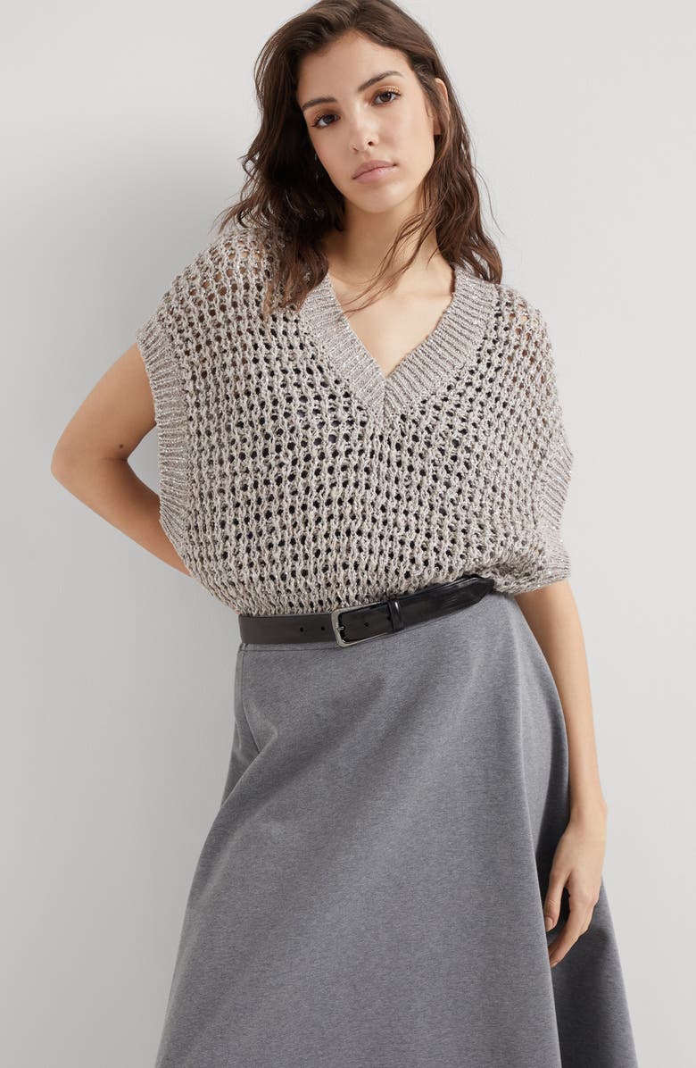 Brunello Cucinelli Silk and linen rustic dazzling net sweater, Alternate, color, 