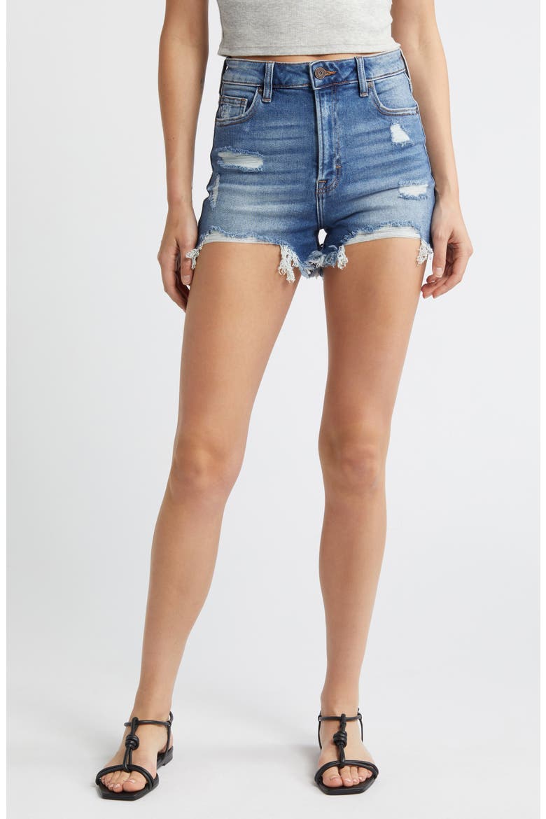 Heavy Frayed High Waist Cutoff Denim Shorts, Main, color, DARK WASH