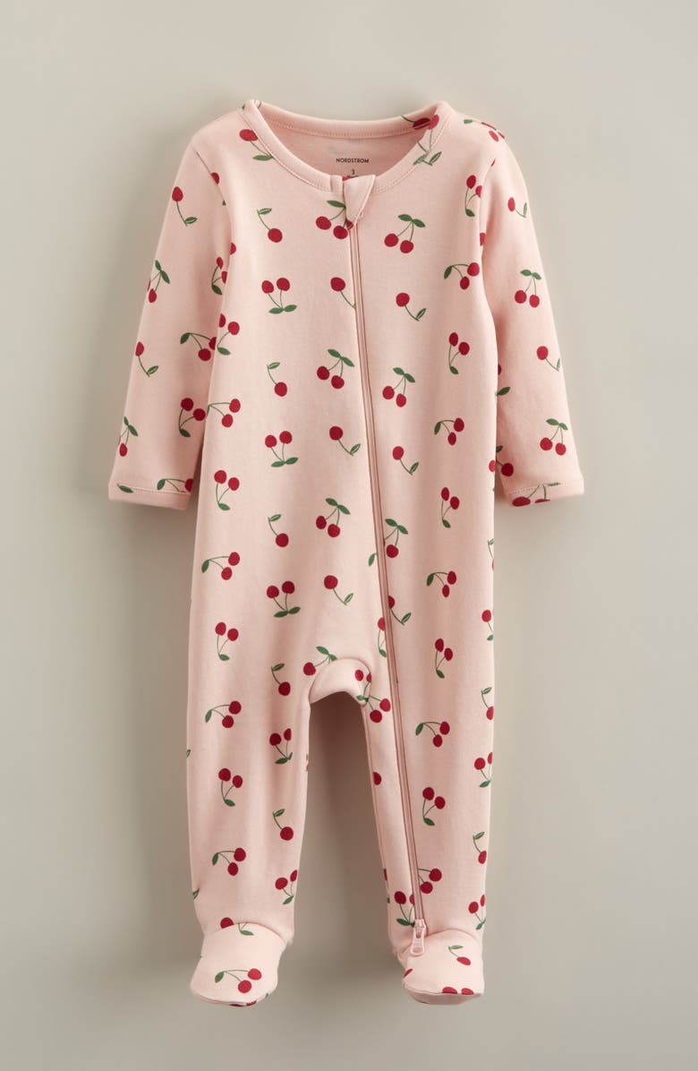 Nordstrom Print Cotton Footie Romper, Main, color, Pink Lotus Cherries