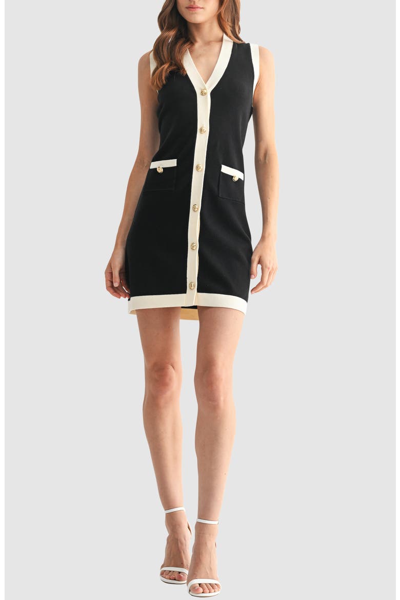 Button-Up Mini Sweater Dress, Main, color, BLACK/ CREAM