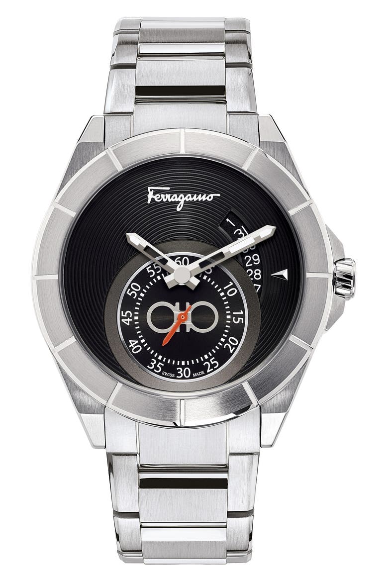 Salvatore Ferragamo Urban Bracelet Watch, 43mm, Main, color, BLACK GUILLOCHE/ SILVER