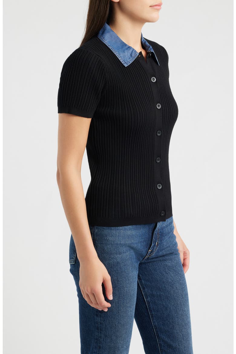 The Remington Denim Collar Short Sleeve Cardigan, Alternate, color, NOIR/ DENIM