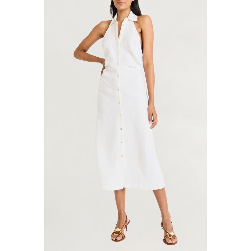The Good Journey Sleeveless Linen Blend Halter Shirtdress In White
