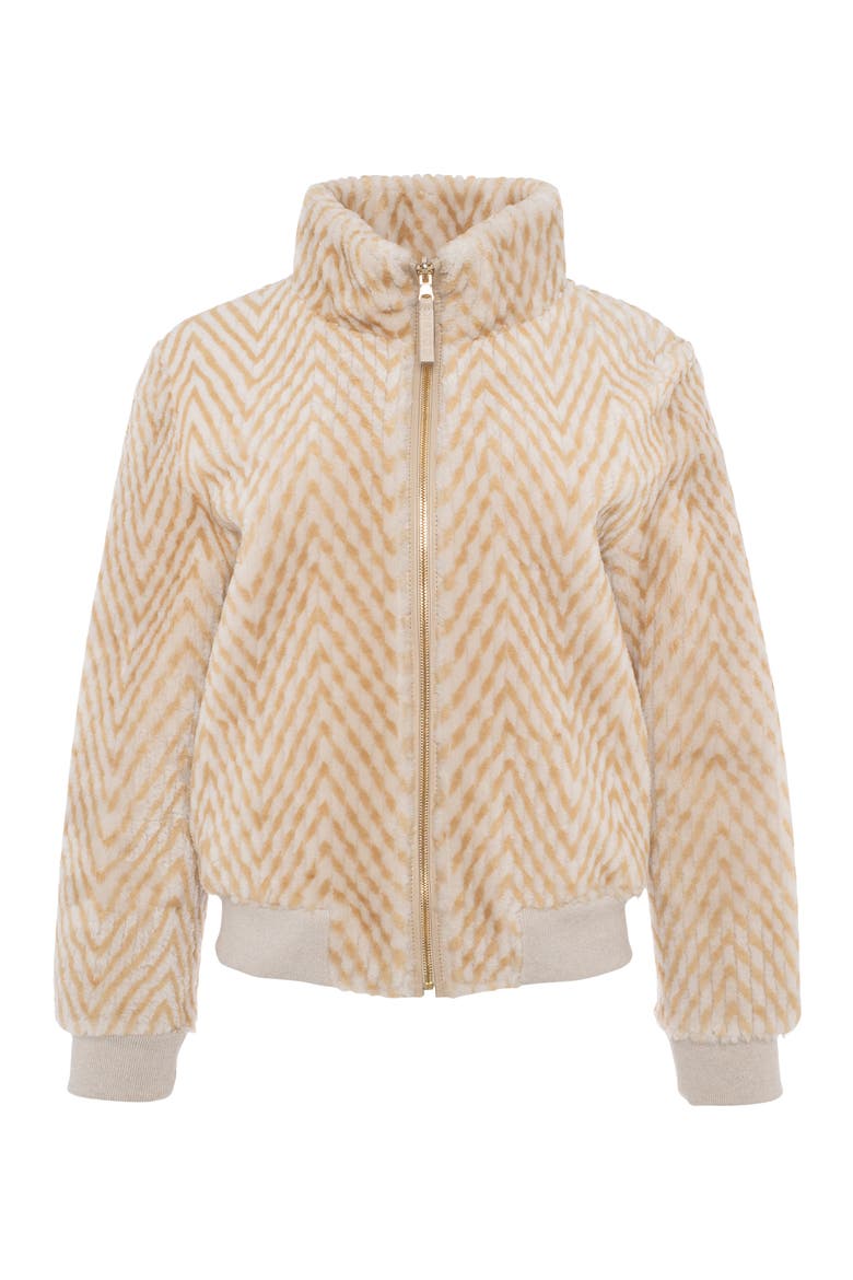 Reversible Chevron Printed Grooved Genuine Shearling Bomber Jacket, Alternate, color, Cream/Palomino