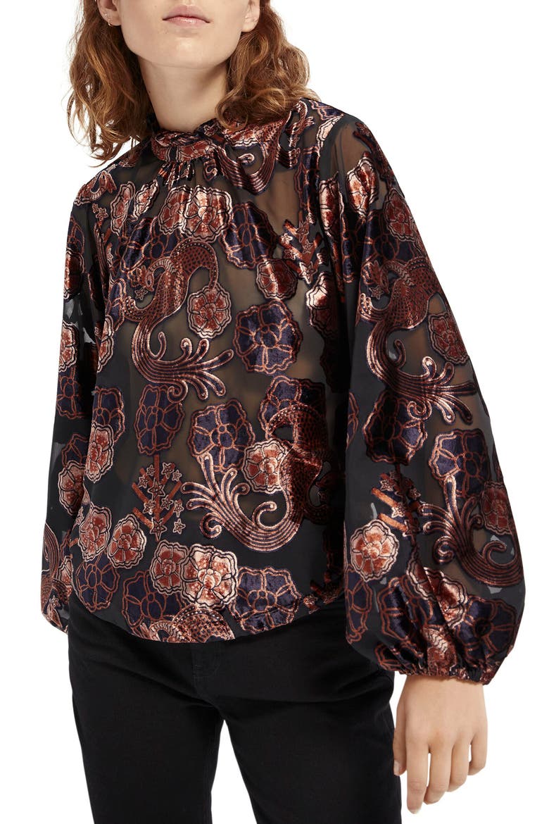Floral Print Sheer Velvet Top, Main, color, COMBO A
